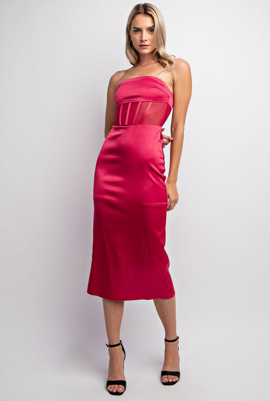 Vestido Satinado con Paneles Transparentes