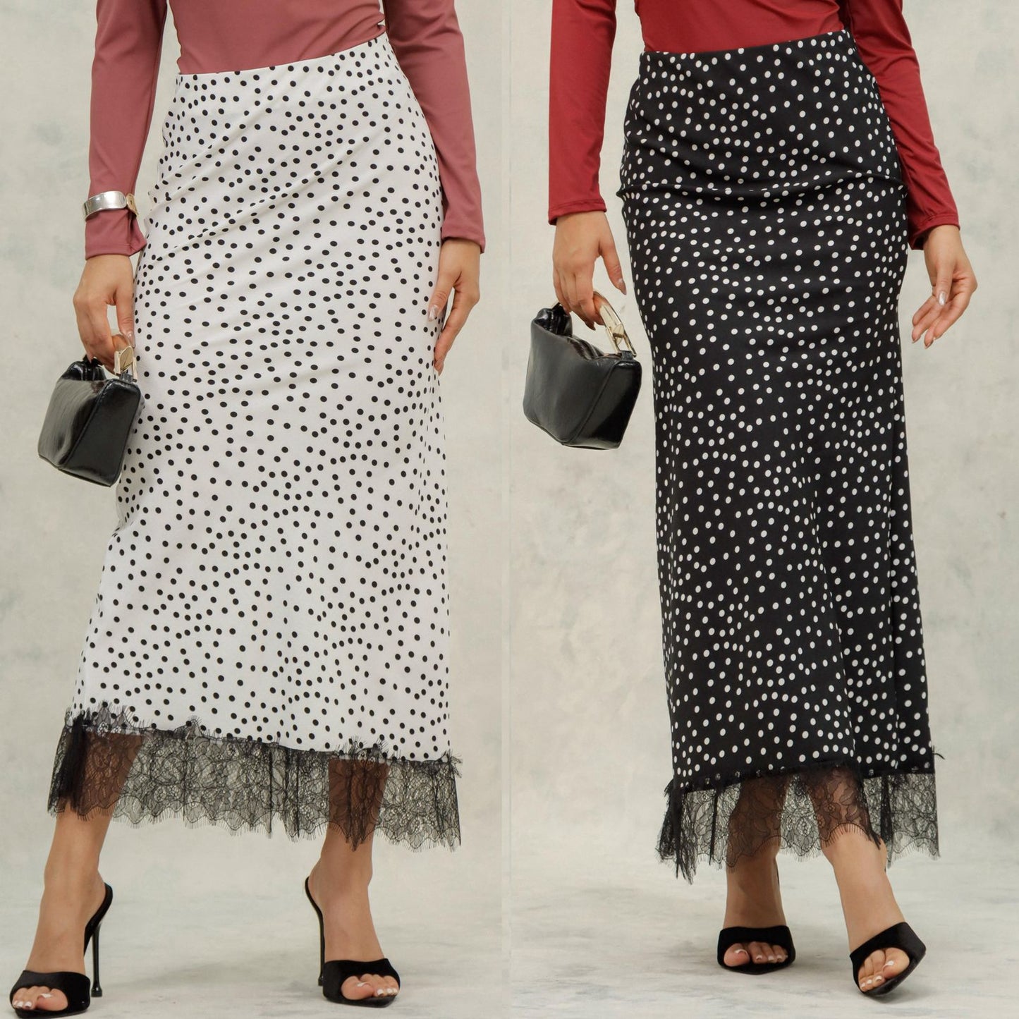 Falda midi de puntos con encaje