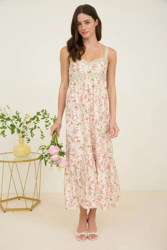 Vestido floral con encaje romántico midi tirantes anchos corte bustier