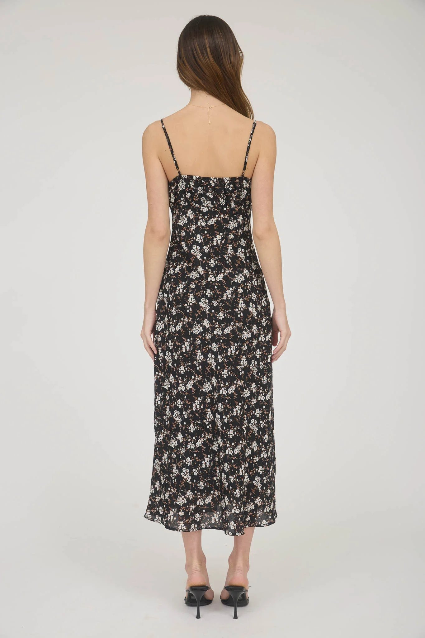 Vestido Midi Floral con Tirantes Delgados y Fruncido