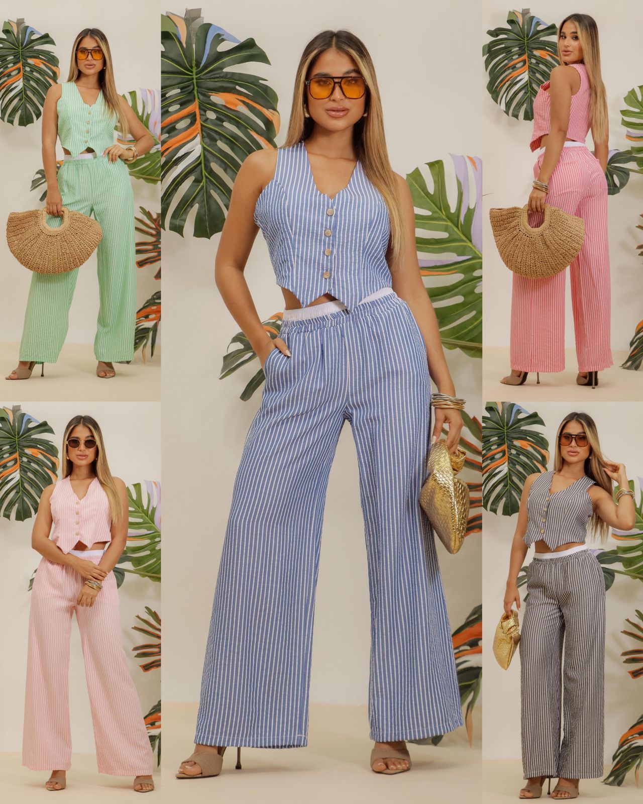 Conjunto de Chaleco y Pantalón Palazzo a Rayas