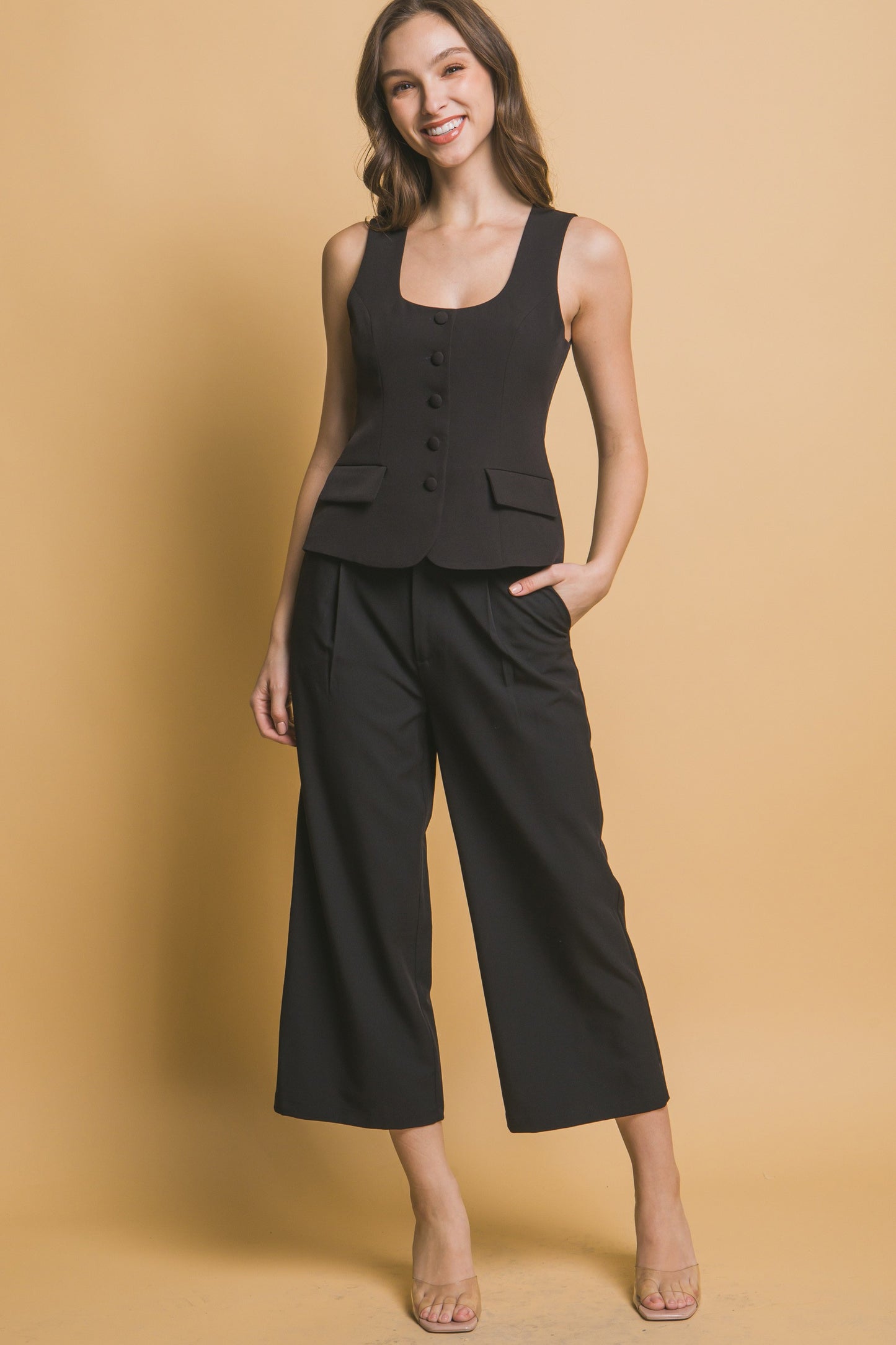 Pantalón Palazzo Cropped de Tela Fluida con Cintura Elástica