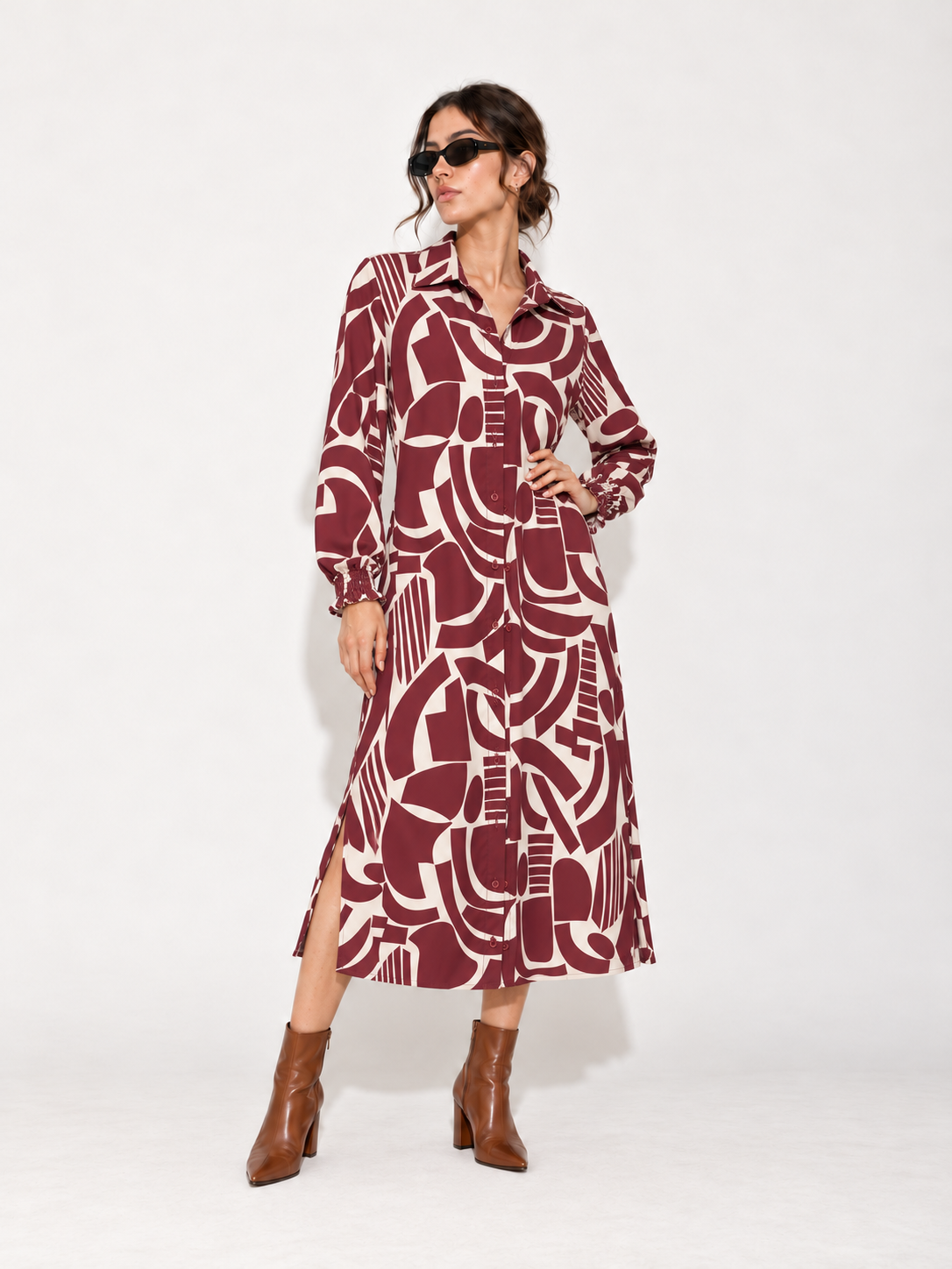 Vestido de botones 4244LSJ — Tinto — Vista completa