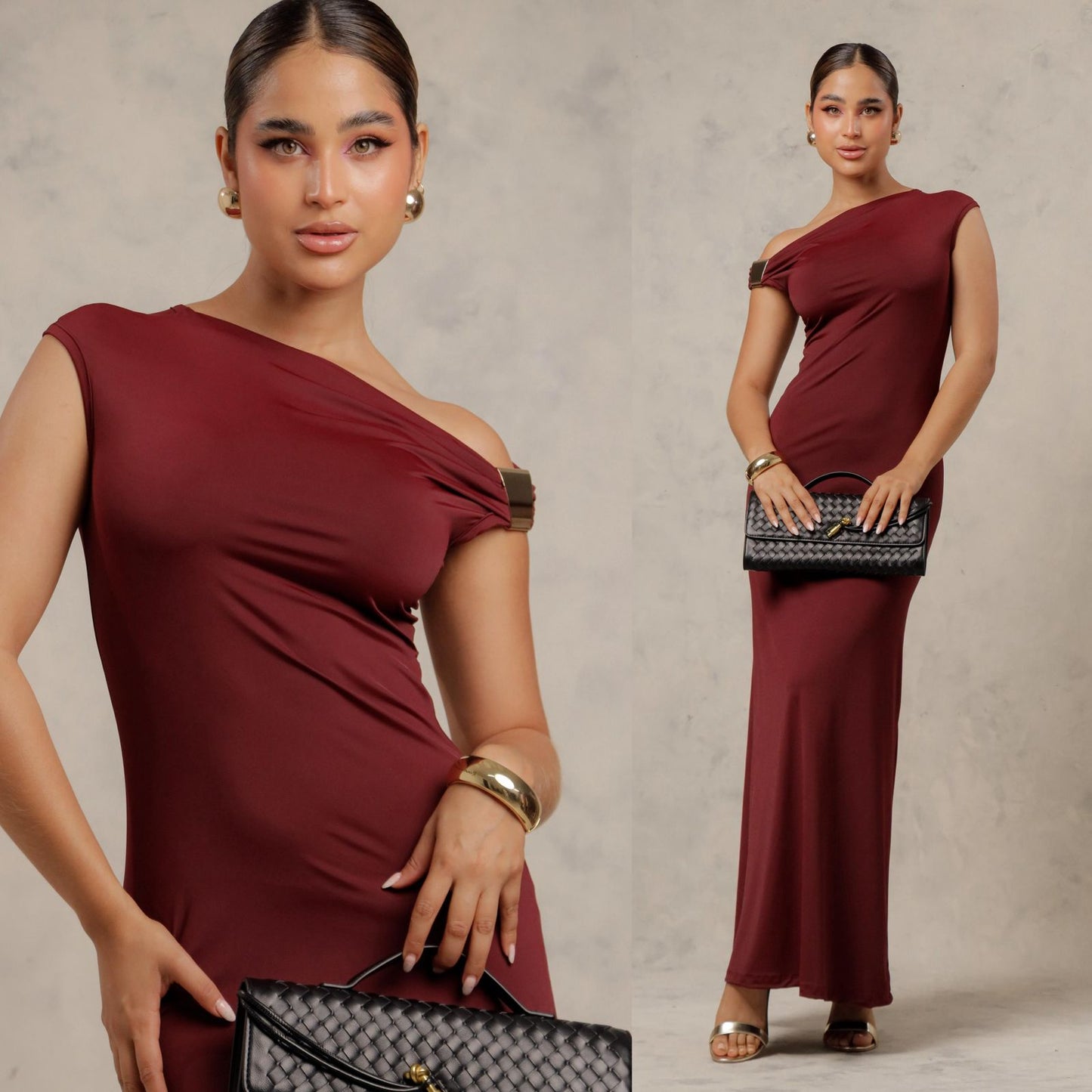 Vestido largo con diseño asimétrico y detalle metálico