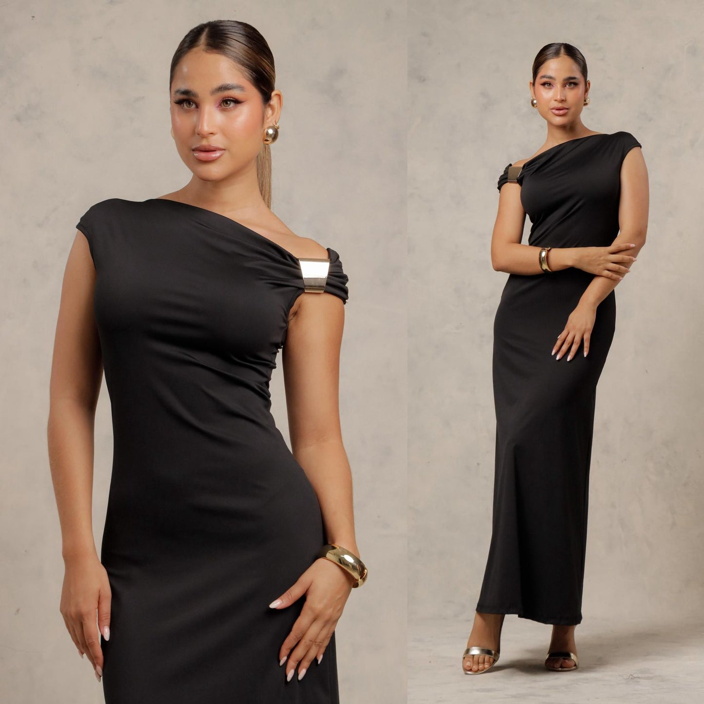 Vestido largo con diseño asimétrico y detalle metálico