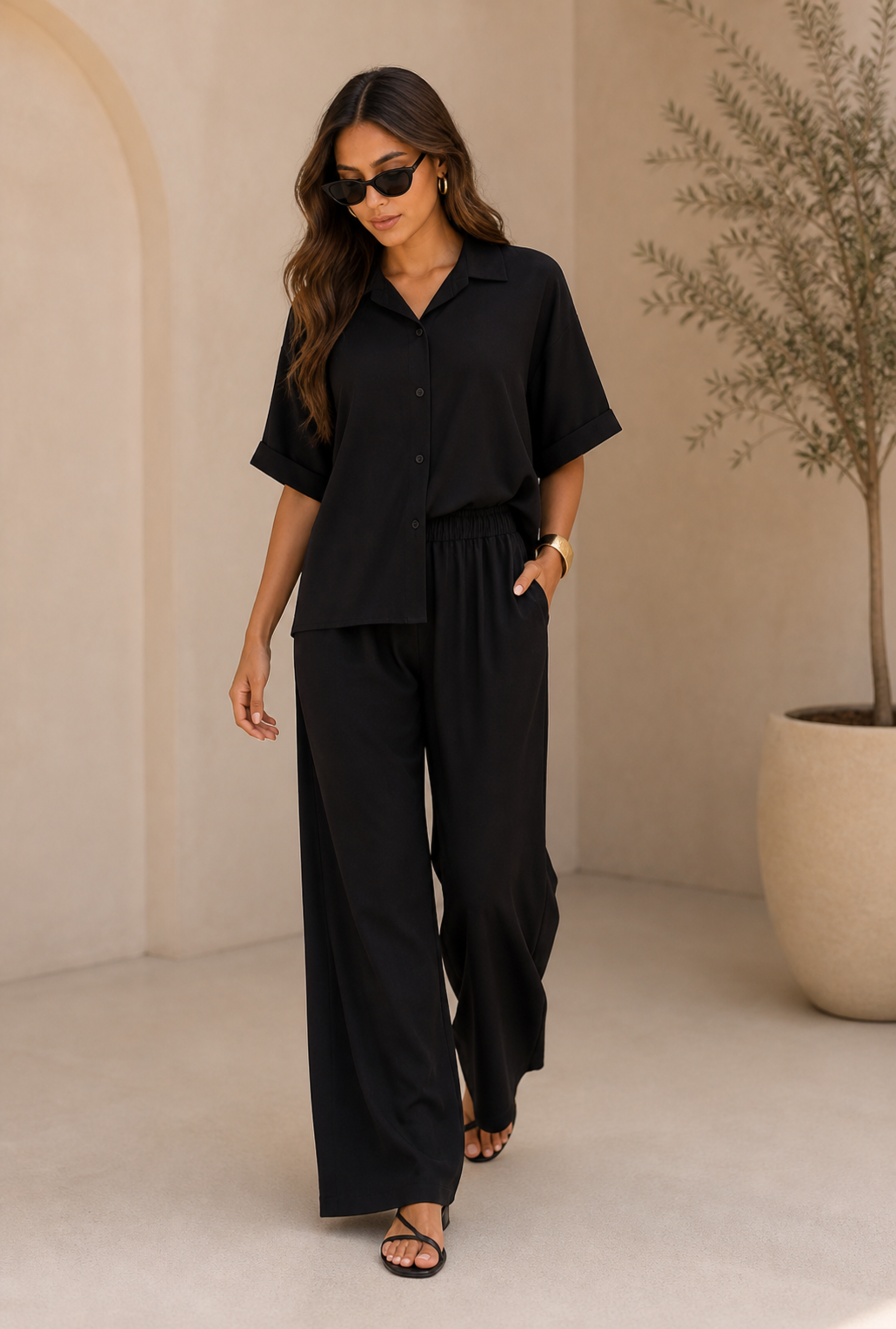 Set de camisa de manga corta y pantalón de pierna amplia