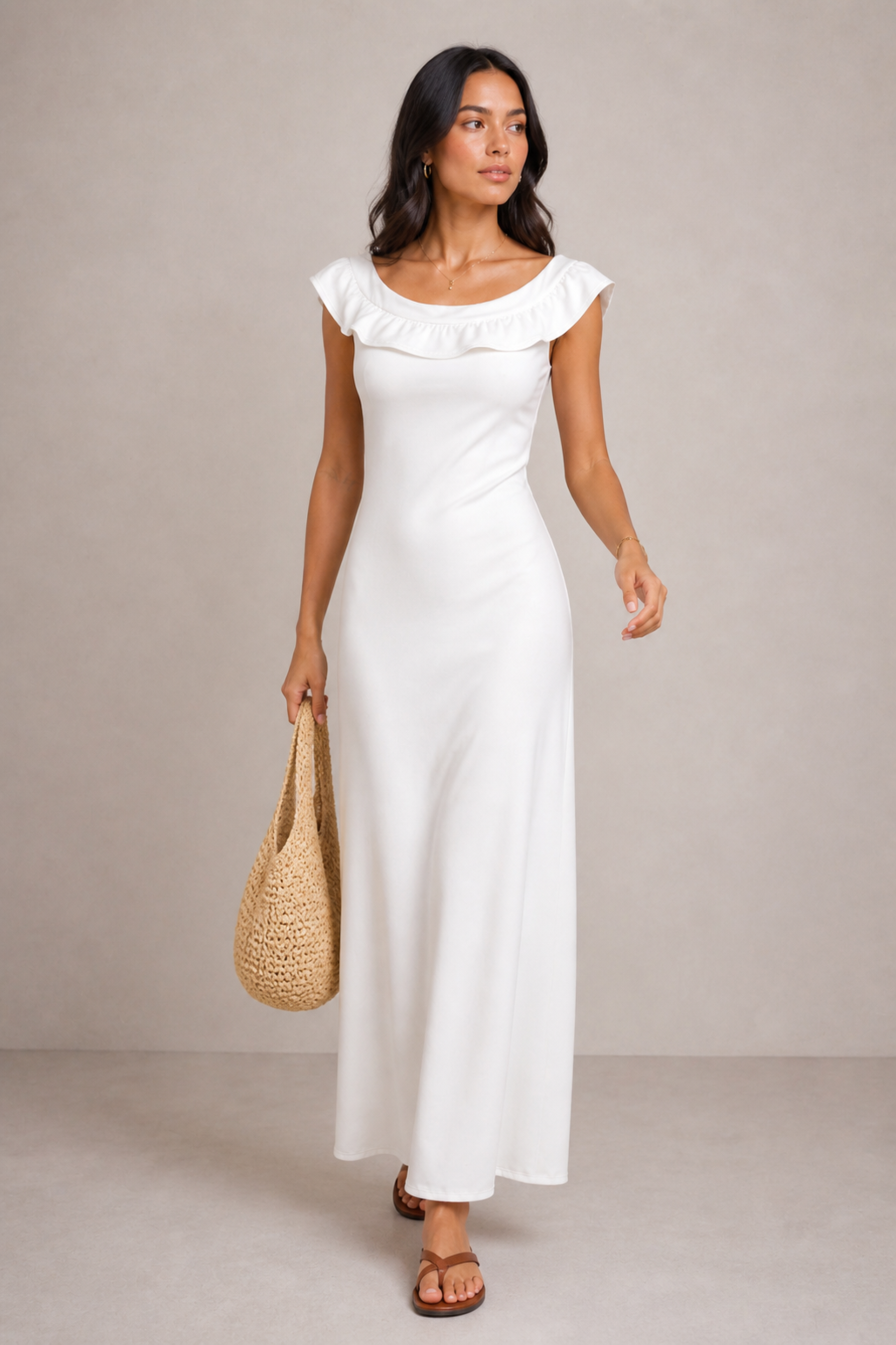 Vestido midi campesino con olanes en escote