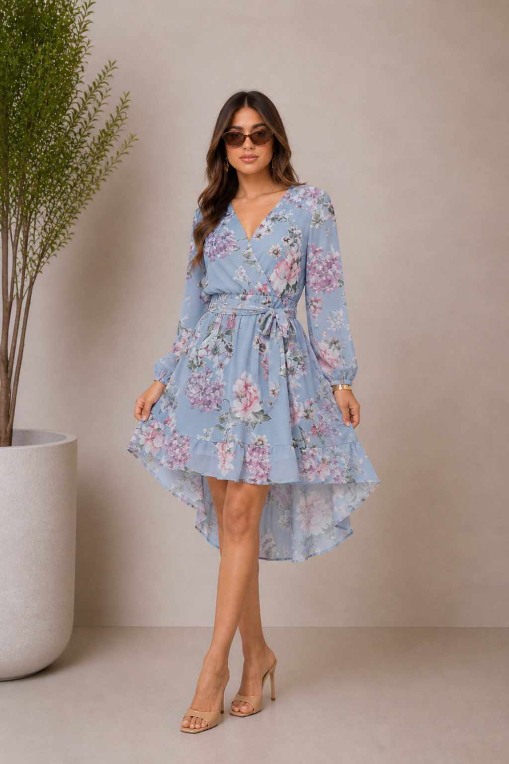 Vestido midi floral cruzado con manga larga