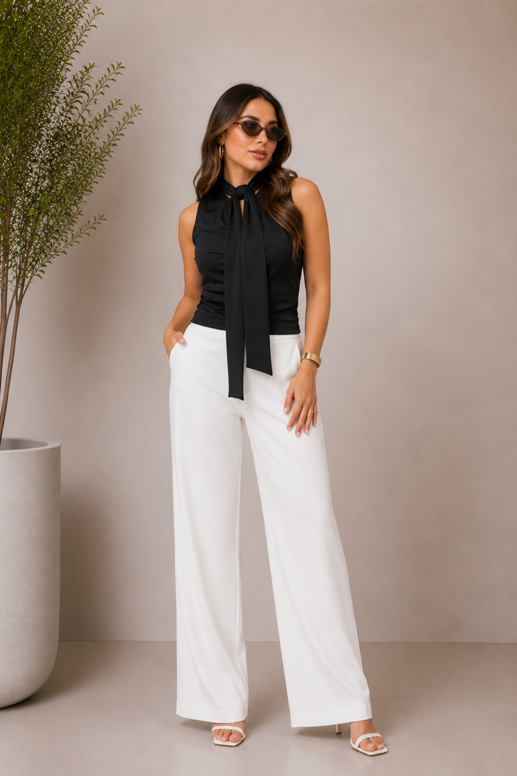 Blusa sin mangas con lazo al cuello