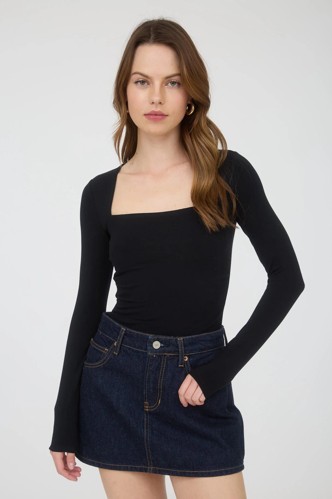 Blusa manga larga escote cuadrado ajustada mujer casual