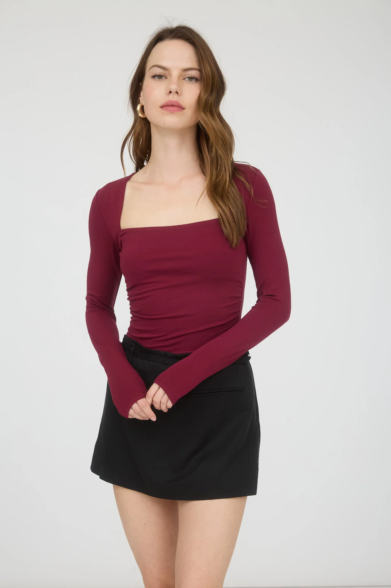 Blusa manga larga escote cuadrado ajustada mujer casual