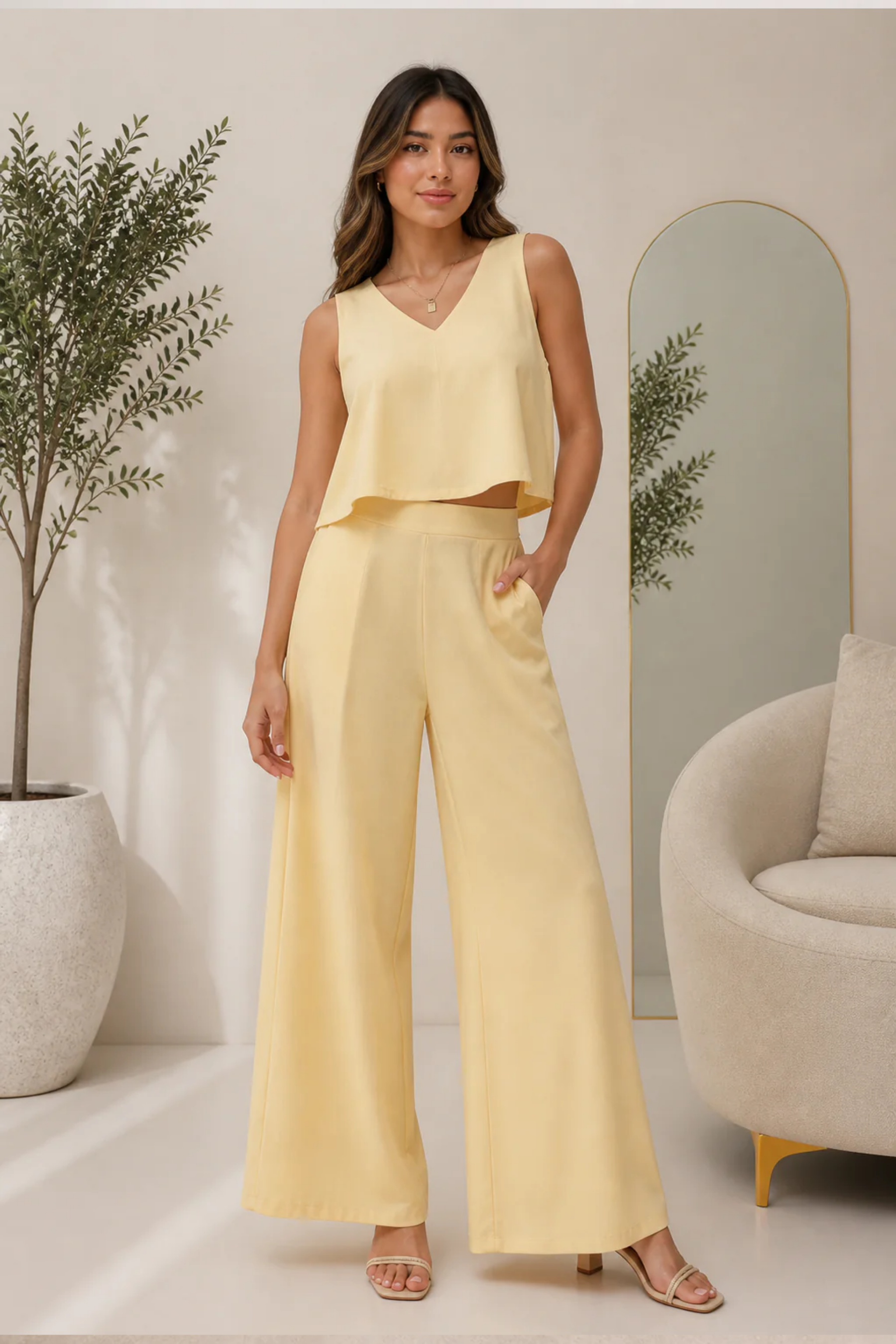 Set de blusa sin mangas y pantalón de pierna amplia