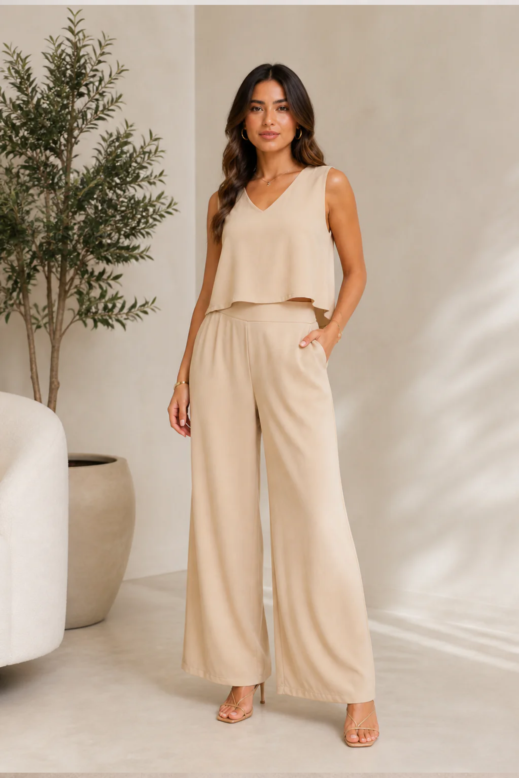 Set de blusa sin mangas y pantalón de pierna amplia