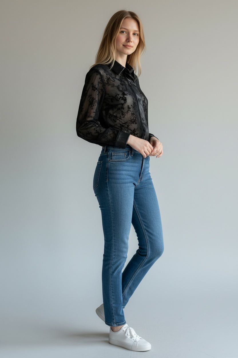 Camisa de mesh con cuello de vinipiel