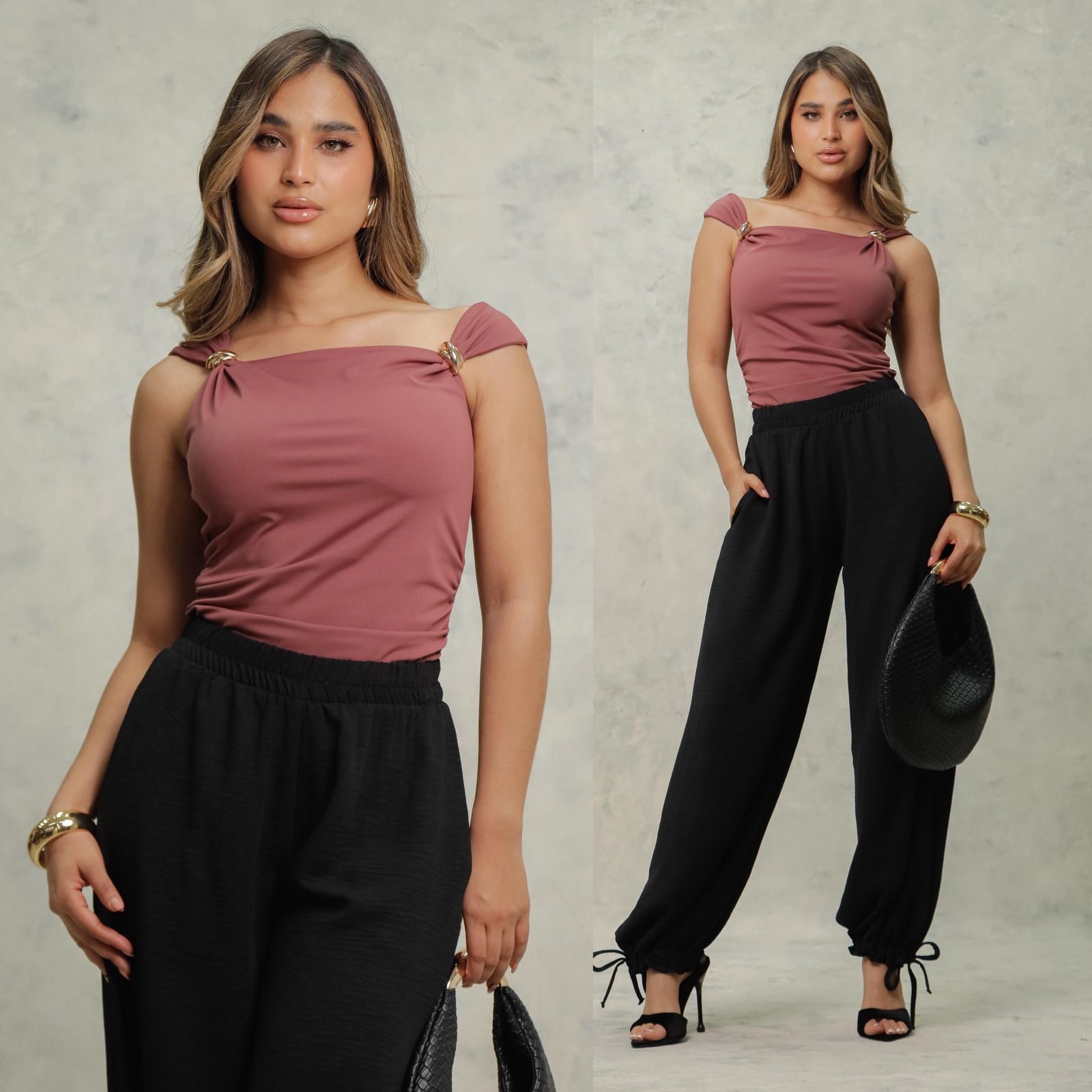 Pantiblusa con tirantes fruncidos y argollas metálicas