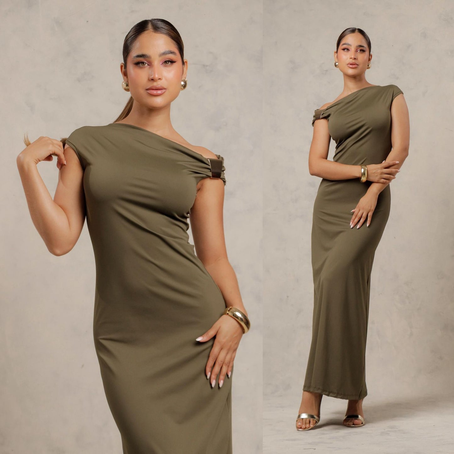 Vestido largo con diseño asimétrico y detalle metálico